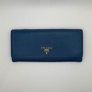 Prada Continental Flap Long Wallet in Blue Pebbled Leather